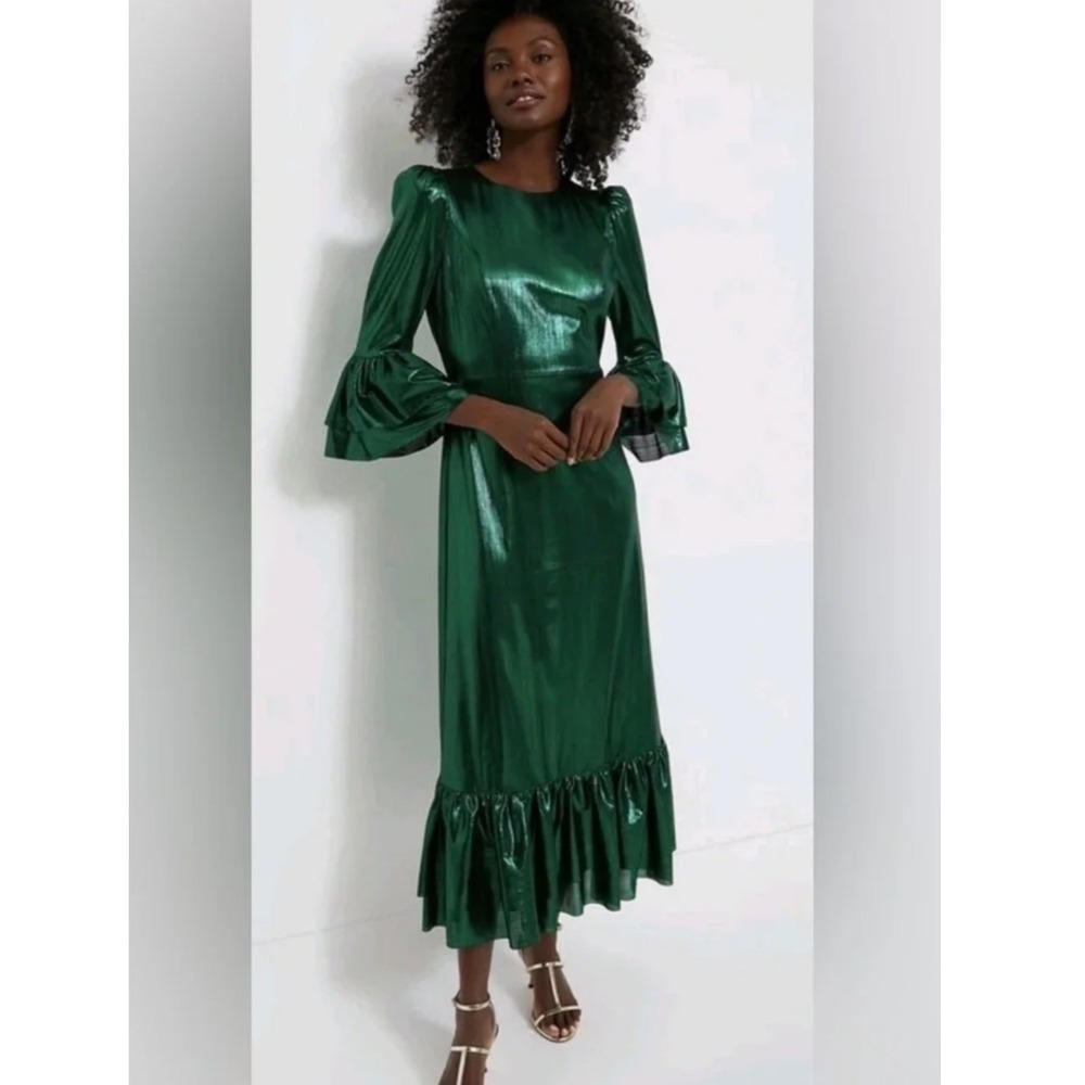 Pomander Place Lillith Emerald Green Metallic‎ Midi Dress Ruffle Sleeve XXL NWT